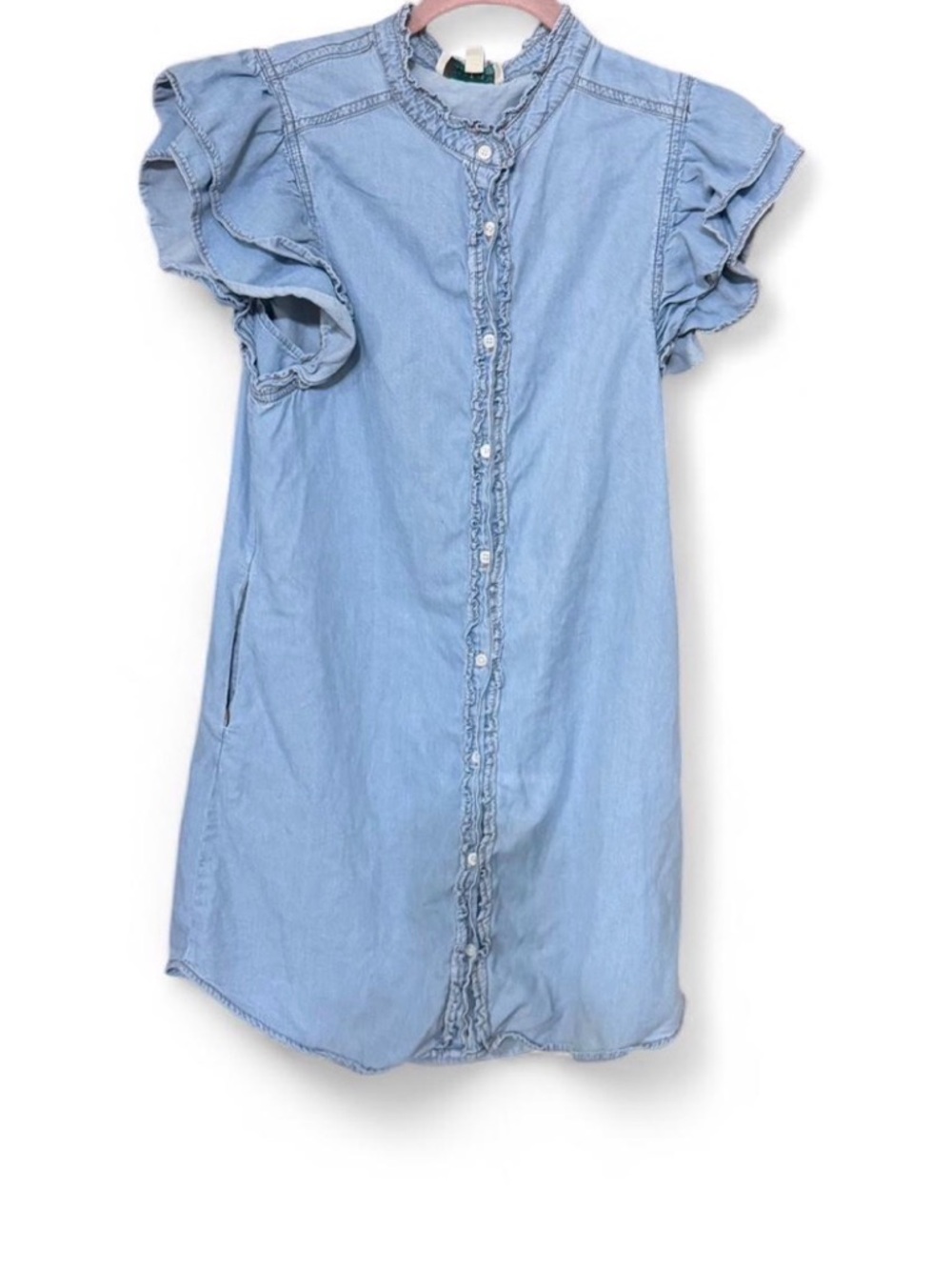 Light Blue Ruffle Sleeve Denim Shirt Dress - Women